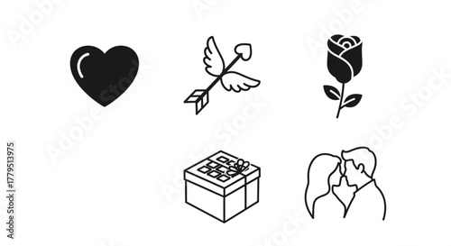Romantic love icons featuring a heart, arrow, rose, gift, and couple, perfect for valentines day or wedding designs