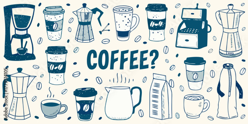 A hand drawn collection of coffee related items and the word coffee in a question mark style