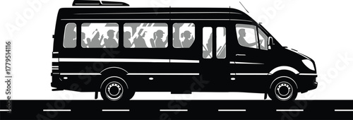 Black silhouette of a passenger van with people inside on a road, van, bus, passenger, silhouette, black, white, road, driving, travel, transportation, people, inside, windows, driver, passengers, jou