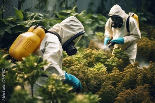 Two agricultural workers in protective gear spraying pesticide on lush green plants in a vibrant field, showcasing safety measures in farming practices and environmental care