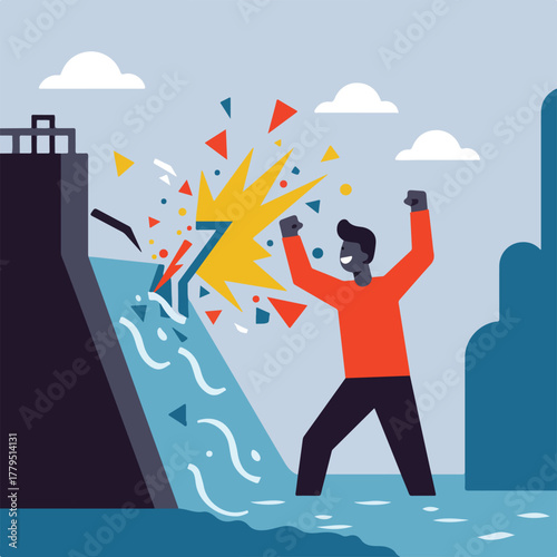 Illustration depicts a dam breaking and a person celebrating victory with arms raised, amidst an explosion