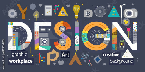 Diverse graphic design elements and icons forming the word design with creative and artistic concepts