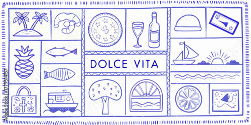 A charming hand drawn illustration of italian dolce vita lifestyle elements in blue ink
