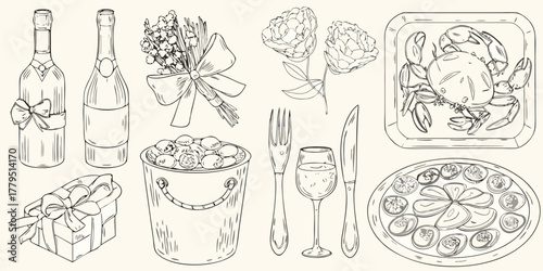 Hand drawn sketch of celebratory items including champagne bottles flowers gifts seafood and dining utensils