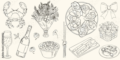 A delightful collection of hand drawn illustrations featuring food drinks flowers and celebratory items