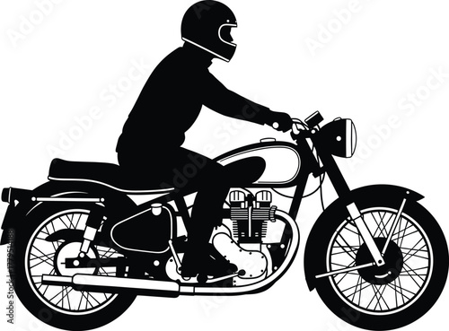 Black silhouette of a person riding a vintage motorcycle, motorcycle, rider, silhouette, black and white, vintage, retro, classic, transportation, vehicle, engine, wheels, handlebars, helmet, riding, 