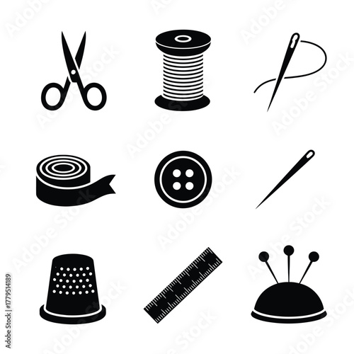 Collection of sewing and tailoring tools and notions for crafting and dressmaking. sewing tools silhouette icon.