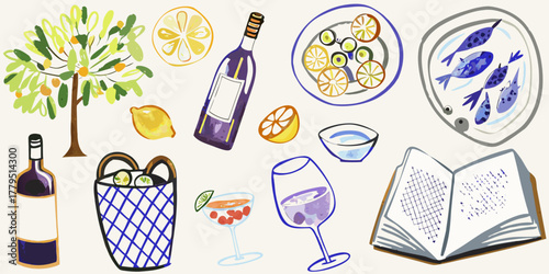 A vibrant watercolor illustration depicting a mediterranean lifestyle with fresh fruit wine and seafood
