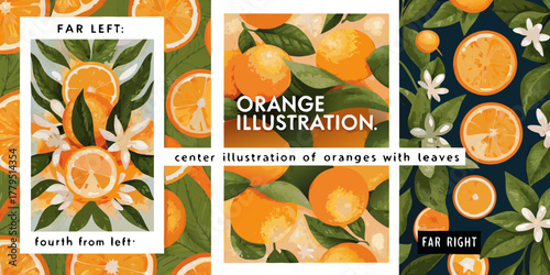 Vibrant orange fruit illustrations with leaves and blossoms in artistic compositions