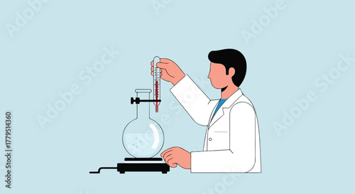Scientist in lab coat using a pipette to add liquid to a flask