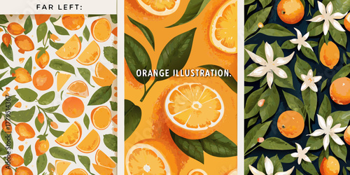 Vibrant citrus fruit collection featuring oranges and blossoms with leafy greenery
