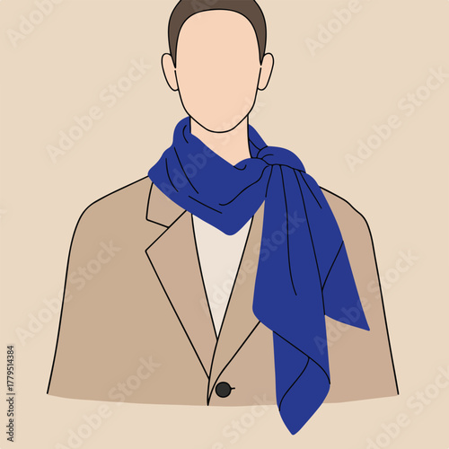 Illustration of a faceless person wearing a beige jacket, white shirt, and a blue scarf tied around the neck