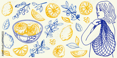Hand drawn illustration of a woman carrying a string bag filled with lemons and branches with berries and leaves