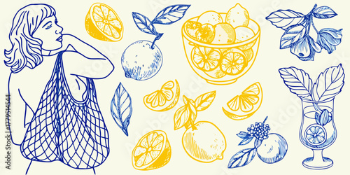 Artistic sketch of a woman carrying a blue net bag with lemons and citrus fruits scattered around