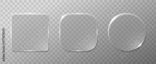 Sleek frosted glass morphism buttons and geometric panels with glossy shine. Minimalistic 3D vector glassmorphism style for digital UX or mobile applications.