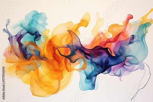 Colorful abstract watercolor illustration featuring flowing shapes and vibrant hues of orange, blue, and purple, creating a dynamic and energetic visual experience with copy space