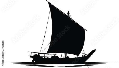 Black silhouette of a traditional dhow sailing boat on water, dhow, boat, sailing, ship, water, sea, ocean, vessel, traditional, silhouette, black, white, isolated, graphic, illustration, maritime, na
