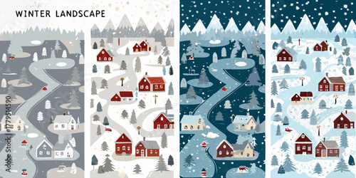 Charming winter village scenes with snowy mountains and winding roads
