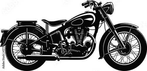 Black silhouette of a vintage motorcycle on white retro, motorcycle, vintage, retro, classic, bike, vehicle, transport, transportation, silhouette, black and white, graphic, illustration, engine, whee