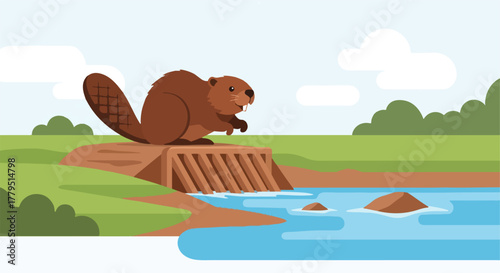 Cartoon beaver on dam near water