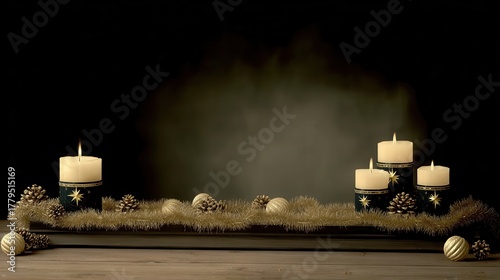 Elegant display of candles and golden ornaments with pine cones for a cozy festive atmosphere during the winter season