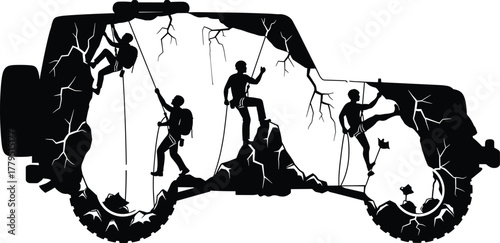 Black silhouette of rock climbers on a cliff face shaped like a vehicle, rock climbing, silhouette, cliff, mountain, adventure, extreme sport, climbing, rappelling, mountaineering, extreme, outdoor, a