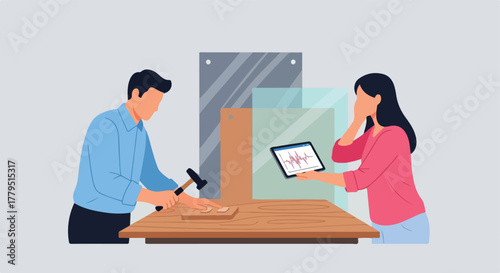 Illustration of two people, one using a hammer on wood, the other holding a tablet with a graph