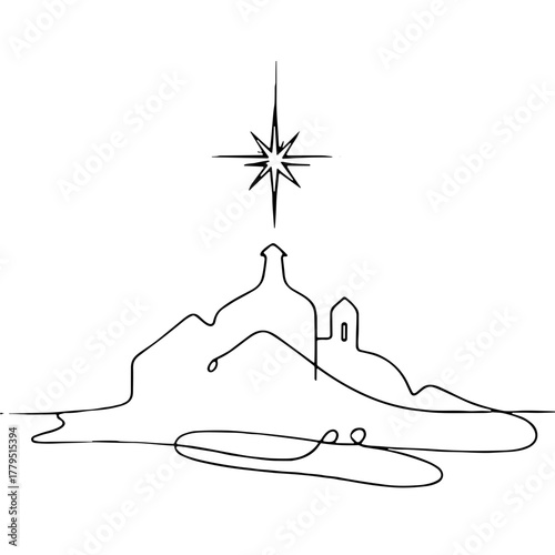 Silhouette of Bethlehem with a star on top Biblical Christmas Scenes outline / minimal linear vector