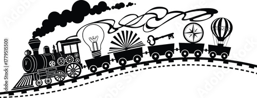 Black steam train with lightbulb book key compass hot air balloon, train, steam train, locomotive, black and white, illustration, graphic, railway, tracks, smoke, steam, lightbulb, idea, book, open bo