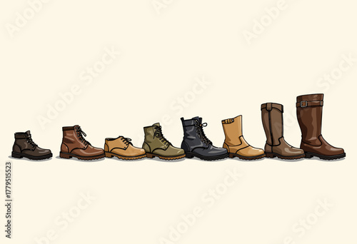 Illustration Featuring a Diverse Collection of Various Types of Boots and Shoes Aligned in Order of Size on a Neutral Background