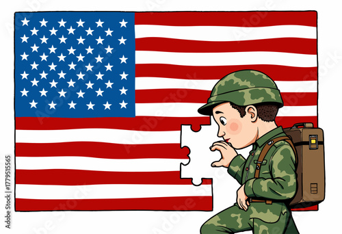 Cartoon depiction of a soldier in uniform trying to fit a puzzle piece into the missing part of a United States flag background