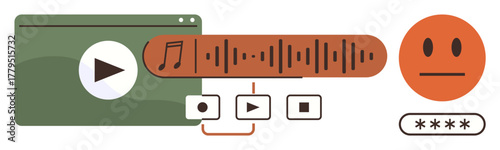 Media player window with play button, soundwave bar, control buttons, neutral face, and password entry. Ideal for media, technology, user interface entertainment streaming security feedback. A