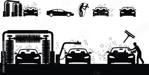 Car wash scenes with automatic brushes water spray and manual cleaning, car wash, car, washing, cleaning, automatic car wash, car wash brushes, water spray, bubbles, soap, manual cleaning, squeegee, p