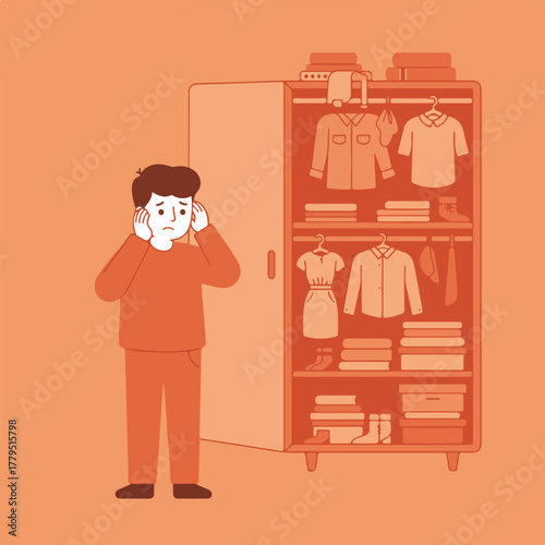An illustration depicting a person overwhelmed by their wardrobe with clothes. They cover their ears