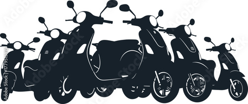 Dark blue scooter silhouettes lined up against white background, scooter, silhouette, vehicle, transportation, dark blue, white background, parked, row, collection, modern, urban, city, travel, commut