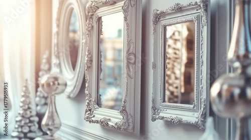 Decorative frames with white ornaments and silver ribbons create an elegant display in a bright room during the afternoon