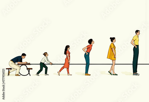 Illustration Depicting Human Growth Stages from Childhood to Adulthood in a Sequential Visual Progression Demonstrating Physical and Emotional Development