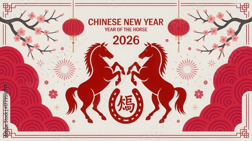 Festive chinese new year 2026 year of the horse illustration with twin auspicious rearing horses and lanterns.