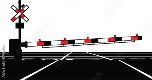 Railroad crossing gate and signal with black white red stripes, railroad crossing, gate, barrier, signal, traffic control, safety, transportation, railway, train, level crossing, red, white, black, st