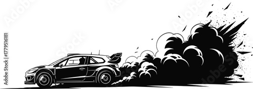 Rally car kicking up dust and debris in black and white, rally car, racing, dust, smoke, debris, speed, motion, action, black and white, monochrome, graphic, illustration, vector, sports, competition,