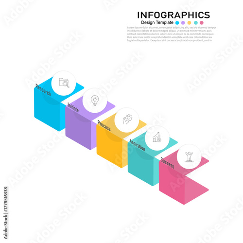 Five steps isometric infographic template to visualize business process, workflow, timeline, or planning. Vector for web and presentation design.