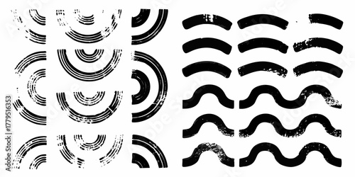 Collection of abstract black graphic elements with a distressed texture and grunge effect