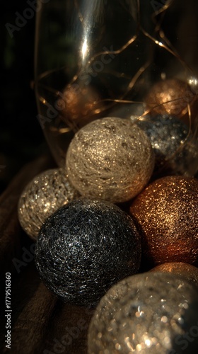 Decorative baubles reflecting warm lights create a cozy holiday atmosphere in a dimly lit room during the festive season