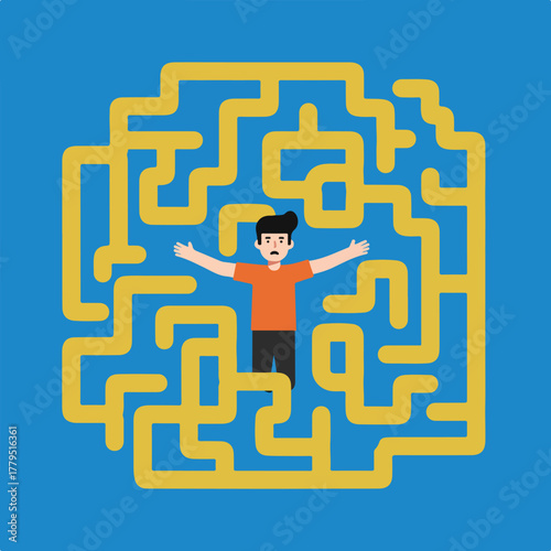 Cartoon illustration of person in a yellow maze against blue, arms outstretched. Shows confusion and uncertainty