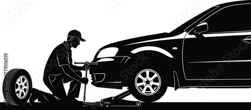 Silhouette of mechanic changing car tire with jack, car, mechanic, tire, wheel, jack, changing, repair, service, vehicle, automobile, transportation, maintenance, garage, workshop, silhouette, black a