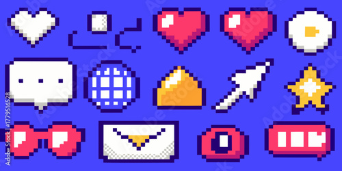 Collection of retro 8 bit pixel art icons for games and user interface design