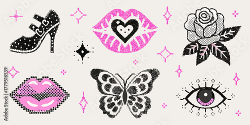 Collection of stylized pop art icons including a high heel shoe lips rose butterfly and eye with sparkling accents
