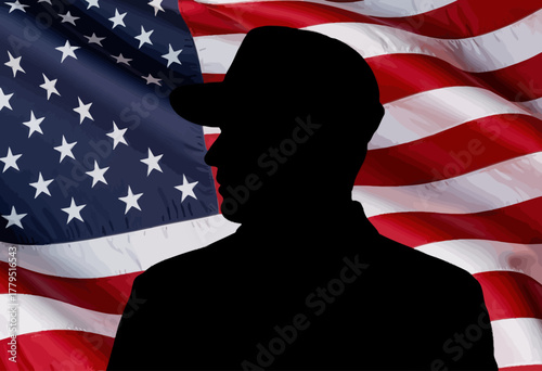 Silhouette of a Person Wearing a Hat Against the Background of a Waving American Flag with Stars and Stripes in Red, White, and Blue Colors