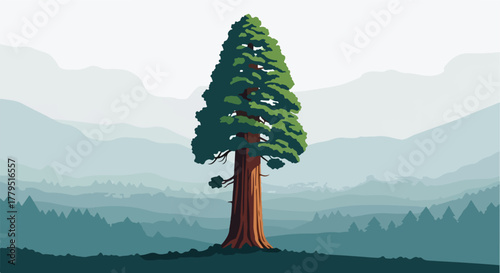 A large tree is in the center with layered mountains