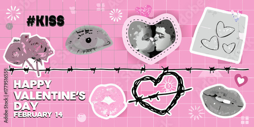 Happy valentine s day february 14 with kiss hashtag roses and heart symbols on pink grid background